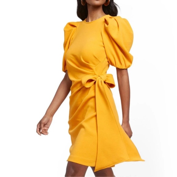 NWT New York & Company Yellow Sheath Dress Size Small Puff Sleeve Bow Detail - Picture 1 of 11